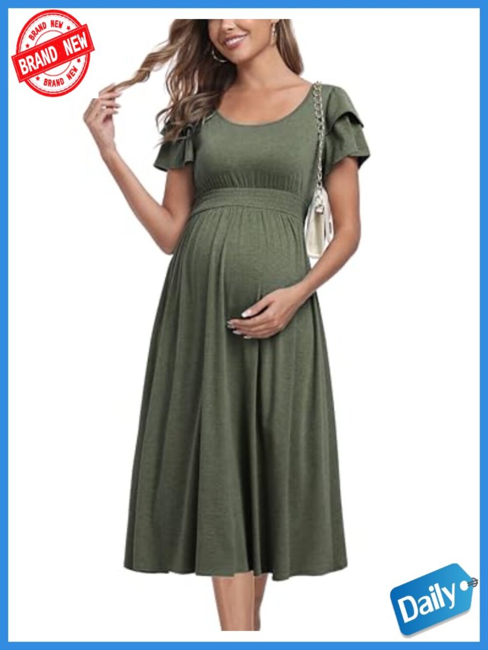 Ruffle Short Sleeve Maternity Dress High Waisted Midi Spring Baby Shower